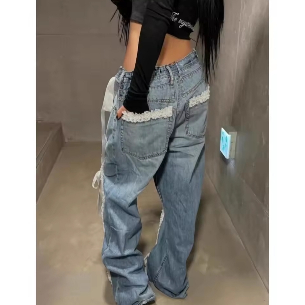 Street Spliced Button Jeans for Women Patchwork Bows Wide Leg Pants Female - Picture 2 of 5